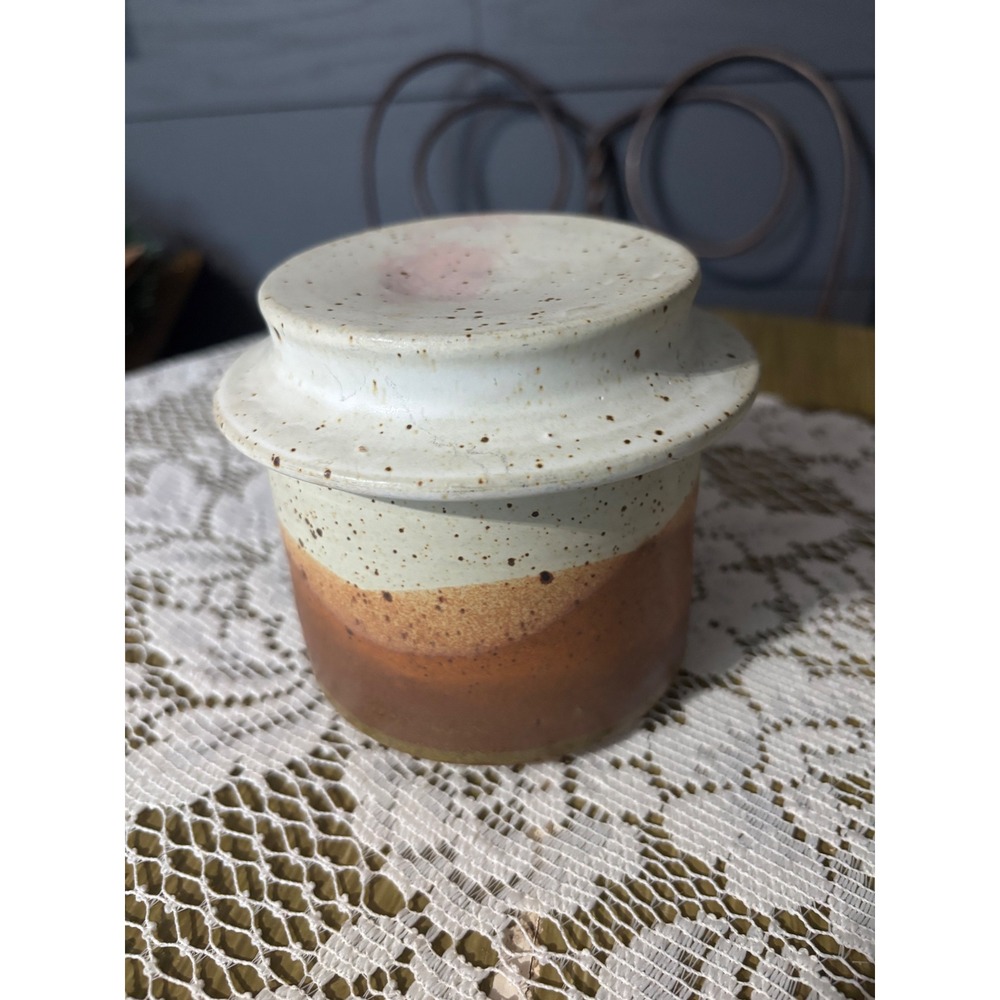 Windfall Studio Pottery Butter Bell Crock Speckled Cream Brown Stoneware Signed